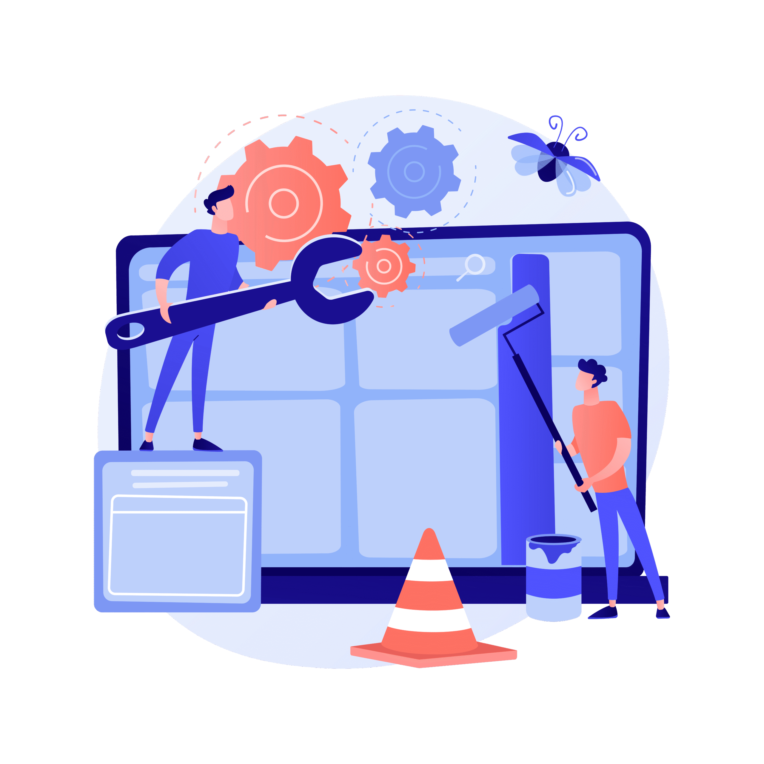 Keep Your Website Updated and Secure with Monthly Maintenance – Transparent Marketing Illustration of a person working on a giant webpage interface, representing website updates and ongoing maintenance tasks