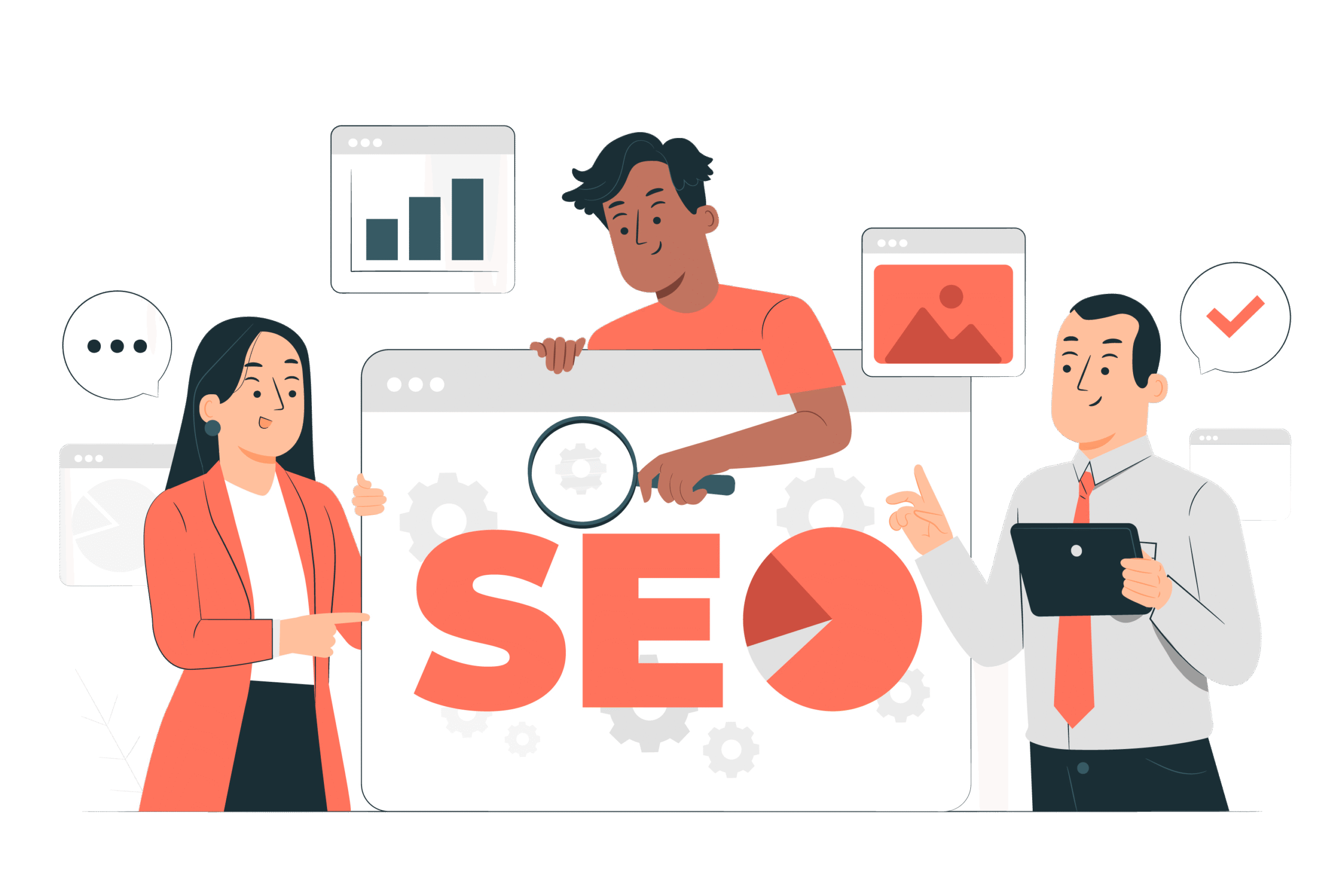 SEO Services for Local Businesses in Vancouver | Transparent Marketing Illustration of a person analyzing SEO performance charts on a computer screen